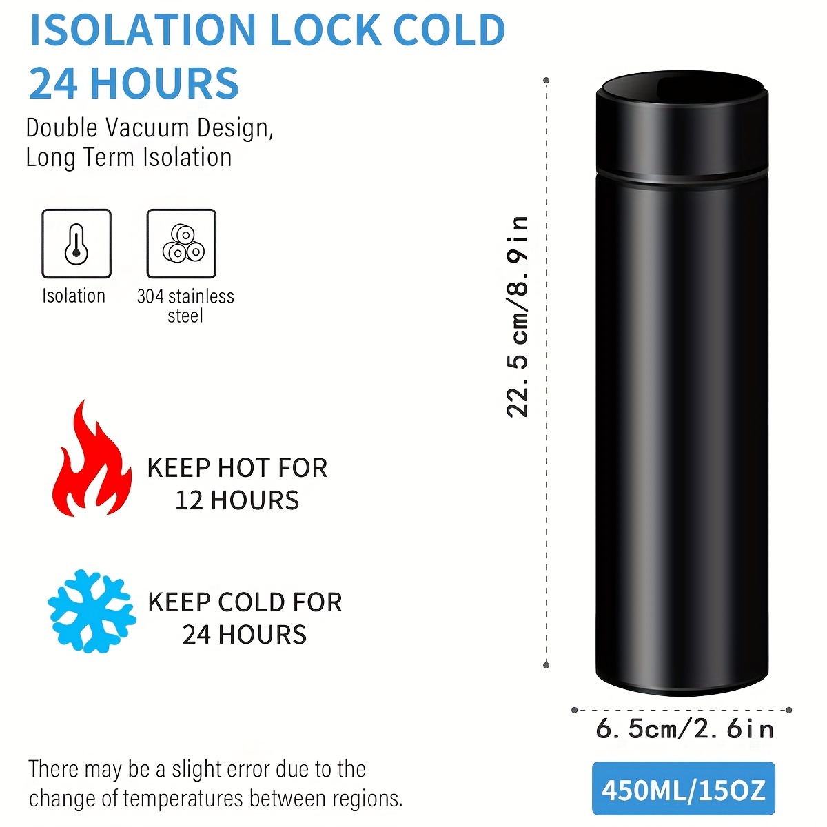 Intelligent Temperature Display Vacuum Insulated Water Bottle,leak Proof,  Stainless Steel Coffee Thermos,keep Cold 12h Keep Warm 24h,17oz (black)