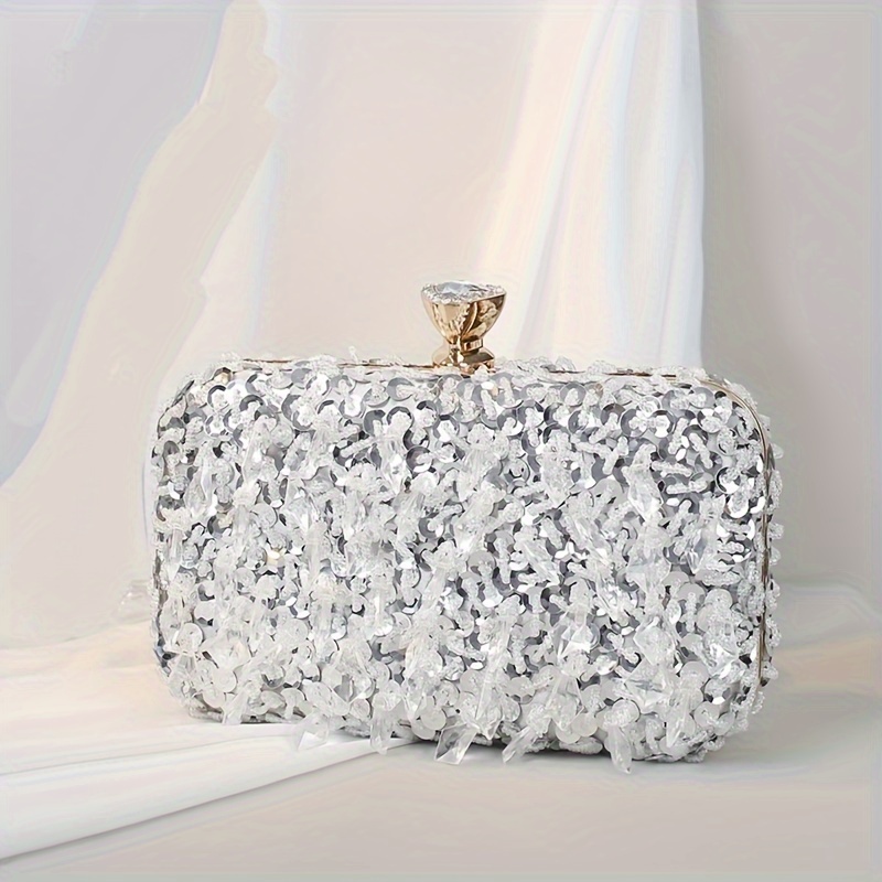 Beaded Sequins Evening Bag, Elegant Box Clutch Purse, Women's