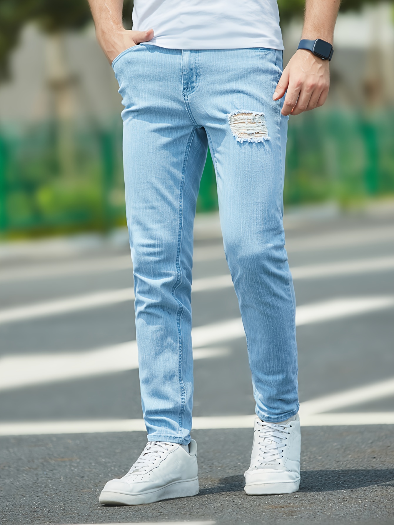 Slim Fit Ripped Jeans, Men's Street Style Medium Stretch Denim Pants For Spring Summer - Temu