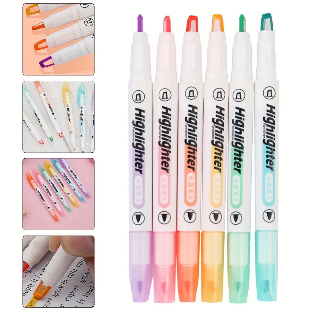 6Pcs/Set Double Head Fluorescent Highlighter Pen Markers Pastel Drawing Pen  for Student School Office Supplies Cute Stationery