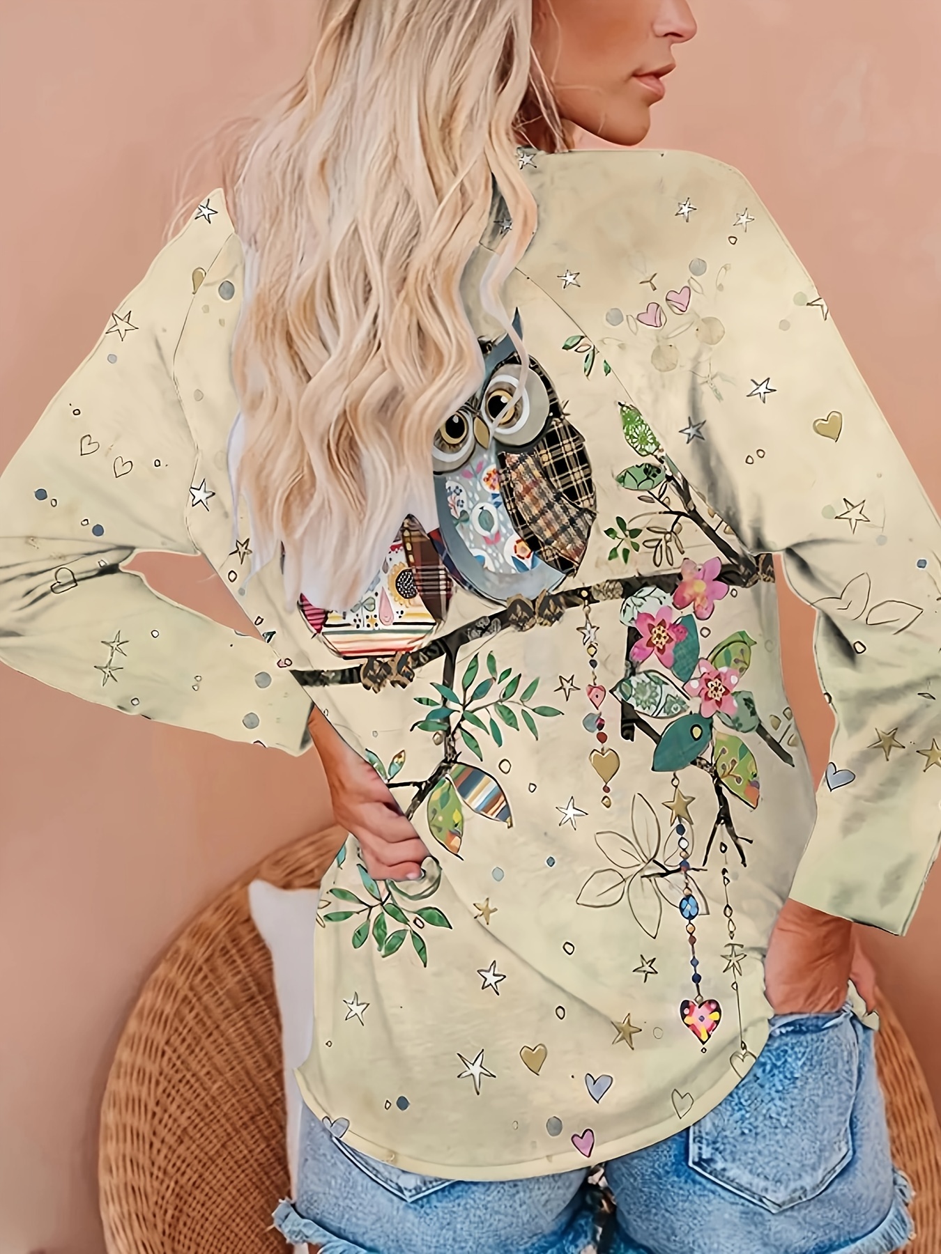 owl print crew neck t shirt casual raglan sleeve top for spring fall womens clothing multicolor 0