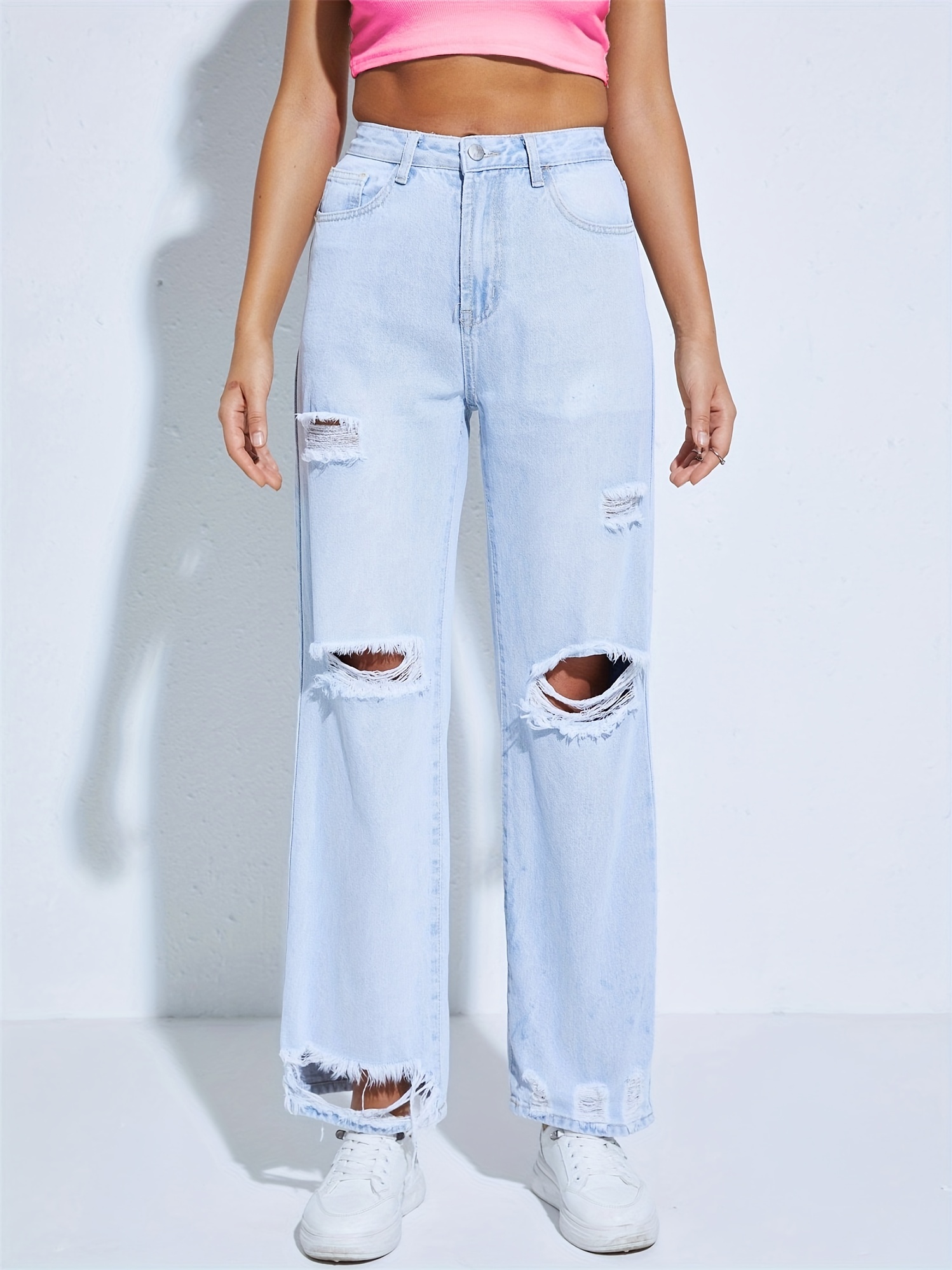 Women Clothing All Match Wash Ripped Straight Denim Ankle Length Pants Tide