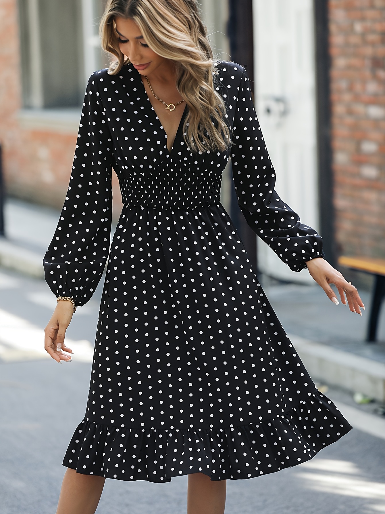 Retro V neck Ruffle Dress Polka Dot Print Long Sleeve Waist - Temu