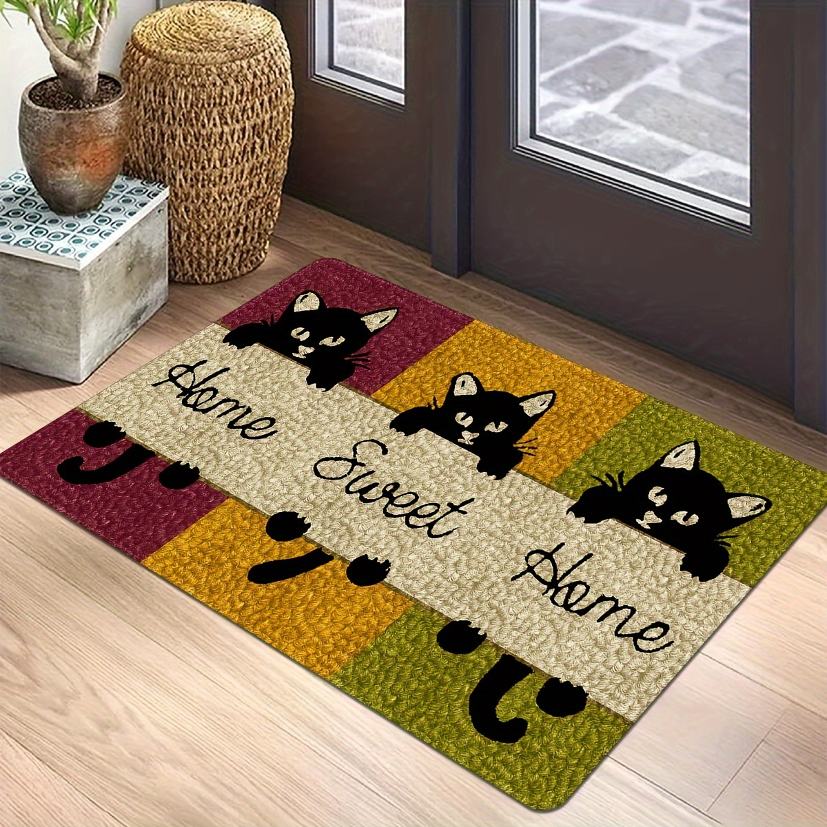 

1pc Cartoon Kitten Motif Door Mat, Animal Print Carpet, Creative Striped Beside Cushion, Non-slip And Stain-resistant Foot Pad, For Kitchen Hallway Bathroom Sink Laundry Room Home Decor Spring Decor