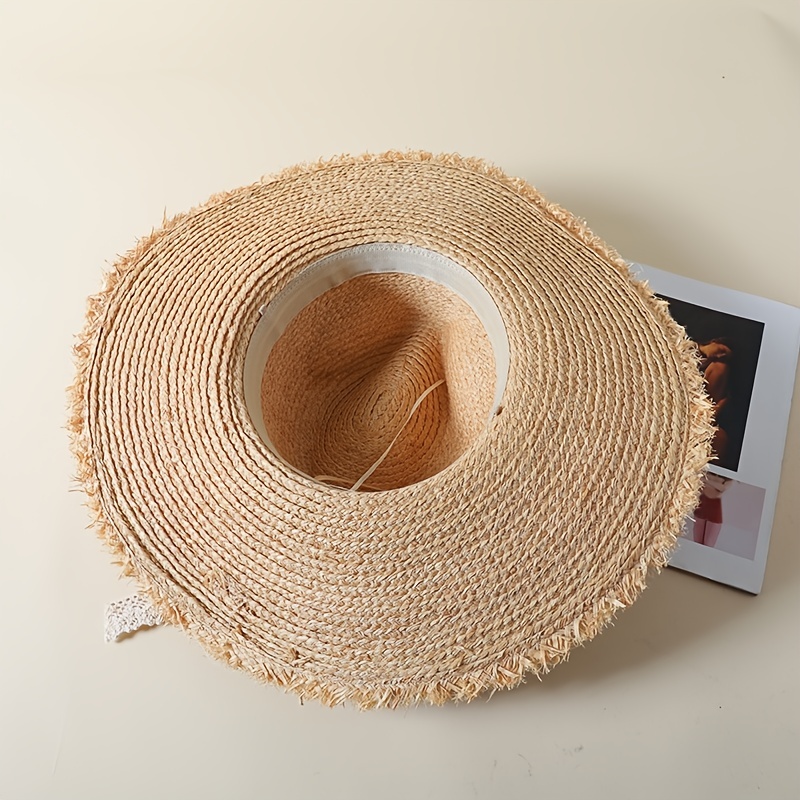 bowknot sun hat Lace Ribbon Brim Straw Hat Women Sunblock Hat Wide