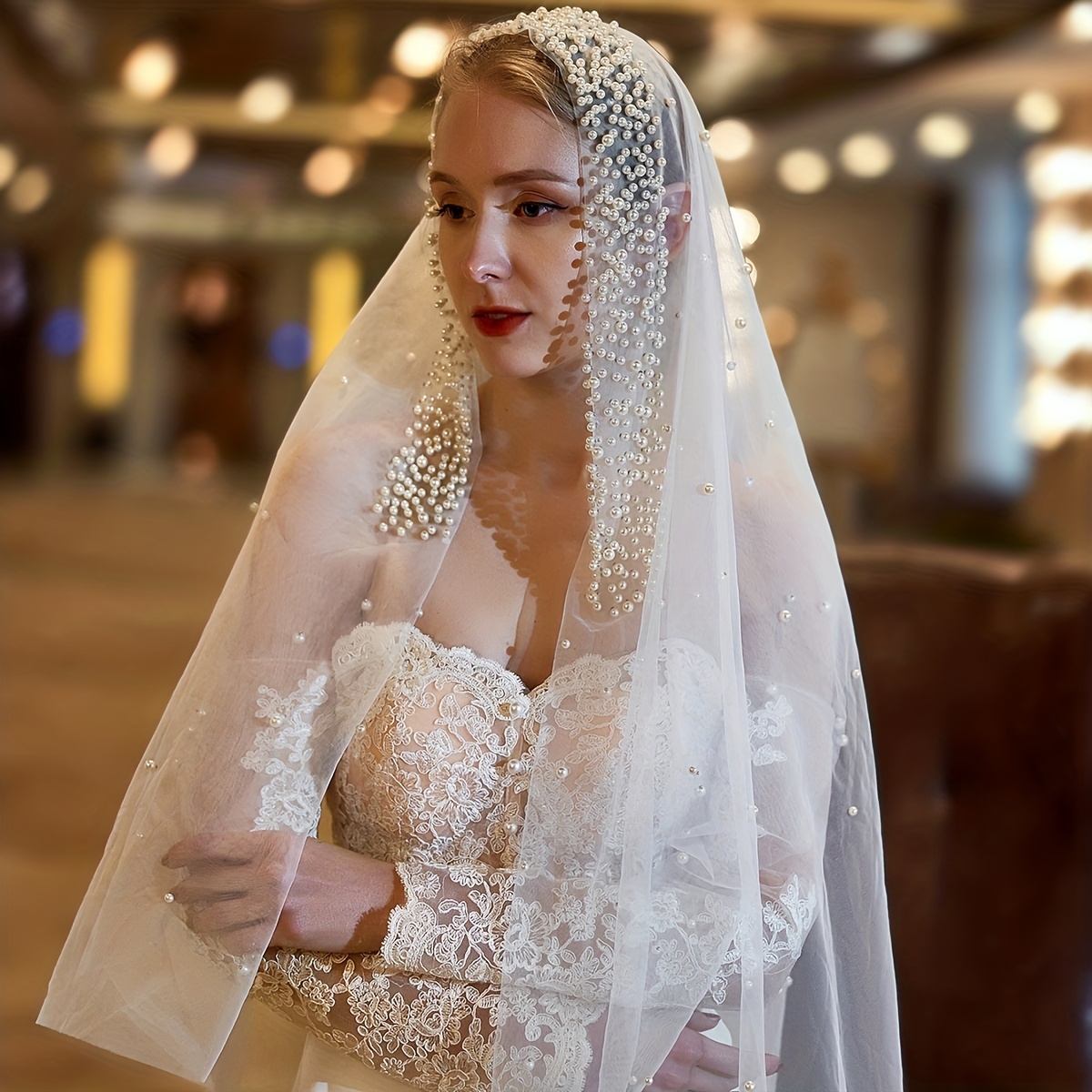 Oversized Baroque Church Veil Ivory Imitation Pearl Bridal Veil Elegant Wedding  Bridal Head Cover Veil - Temu