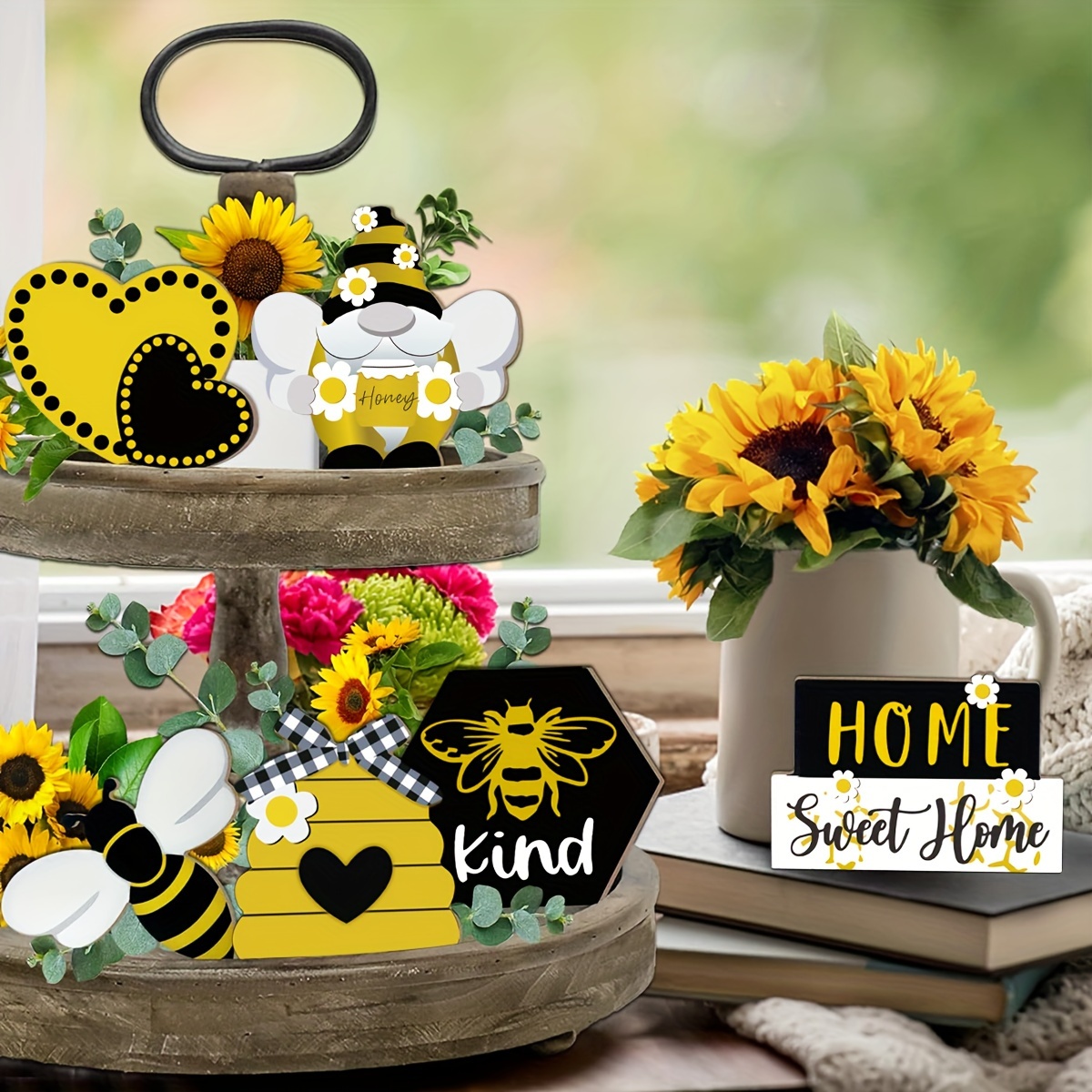  Bee Decor, Wood Bee Crate Decorations, Humble Bee Gnome Plush  with Honey Dipper,Rustic Farmhouse Bee Tiered Tray Decor, Mini Wood Crate  with Artificial Sunflowers Decor, Summer Decorations for Home : Home