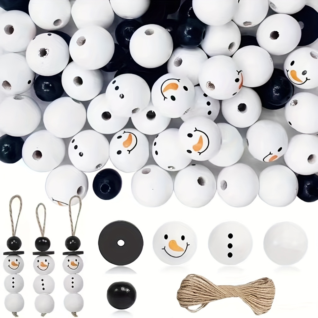 

50/100/150pcs Christmas Snowman Wooden Beads, Jute Rope, Suitable For Holiday Decorations, Party Decorations, Home Decorations, Diy Handmade Decorations