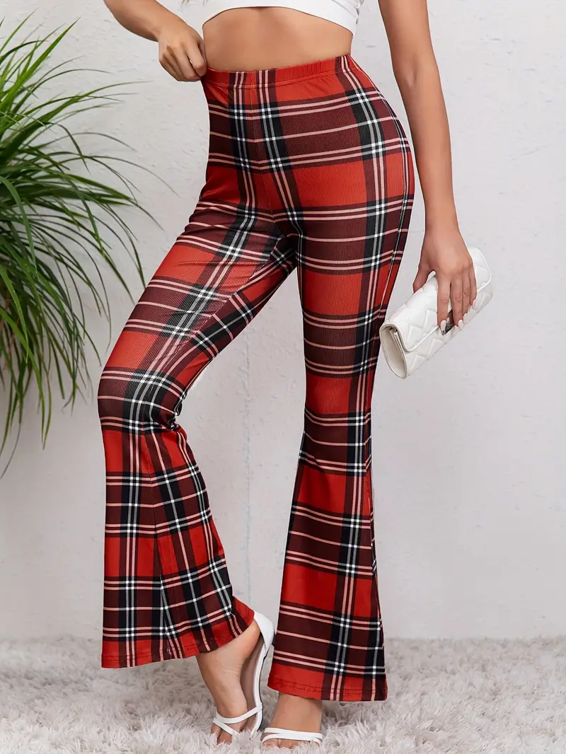 Plaid Stretch Flare Casual Pants Fitness Sports Yoga Bell - Temu