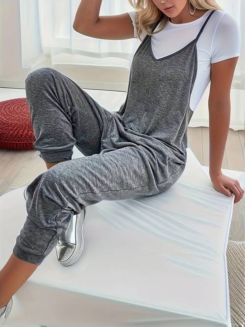 womens fashion solid color loose suspender v neck jumpsuit