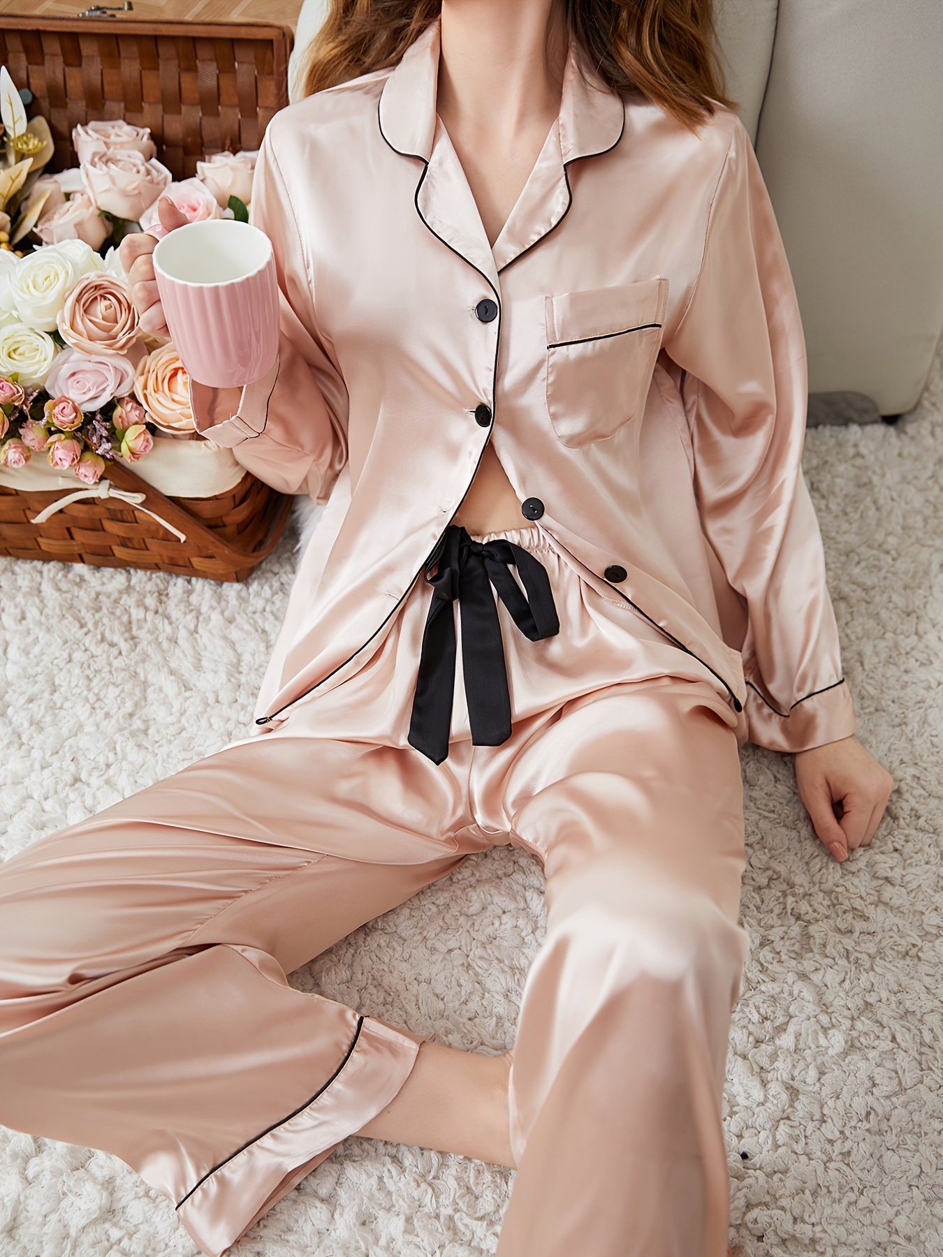 Elegant Comfortable Satin Sleepwear, Lightweight Button Up Blouse Pajama  Top & Elastic Waistband Pajama Pants, Women's Loungewear & Sleepwear - Temu