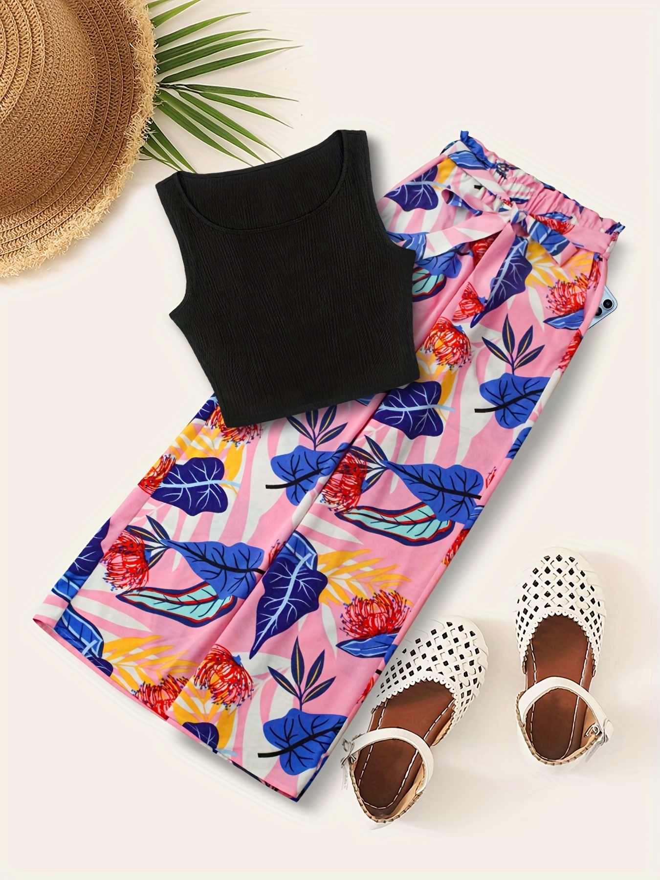 Boho Tank Top & Tropical Print Wide Leg Pants Set