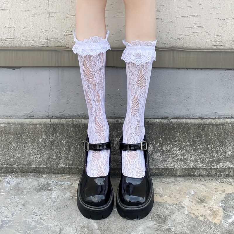 Lace Mesh Calf Socks Ruffle Knee High Stockings