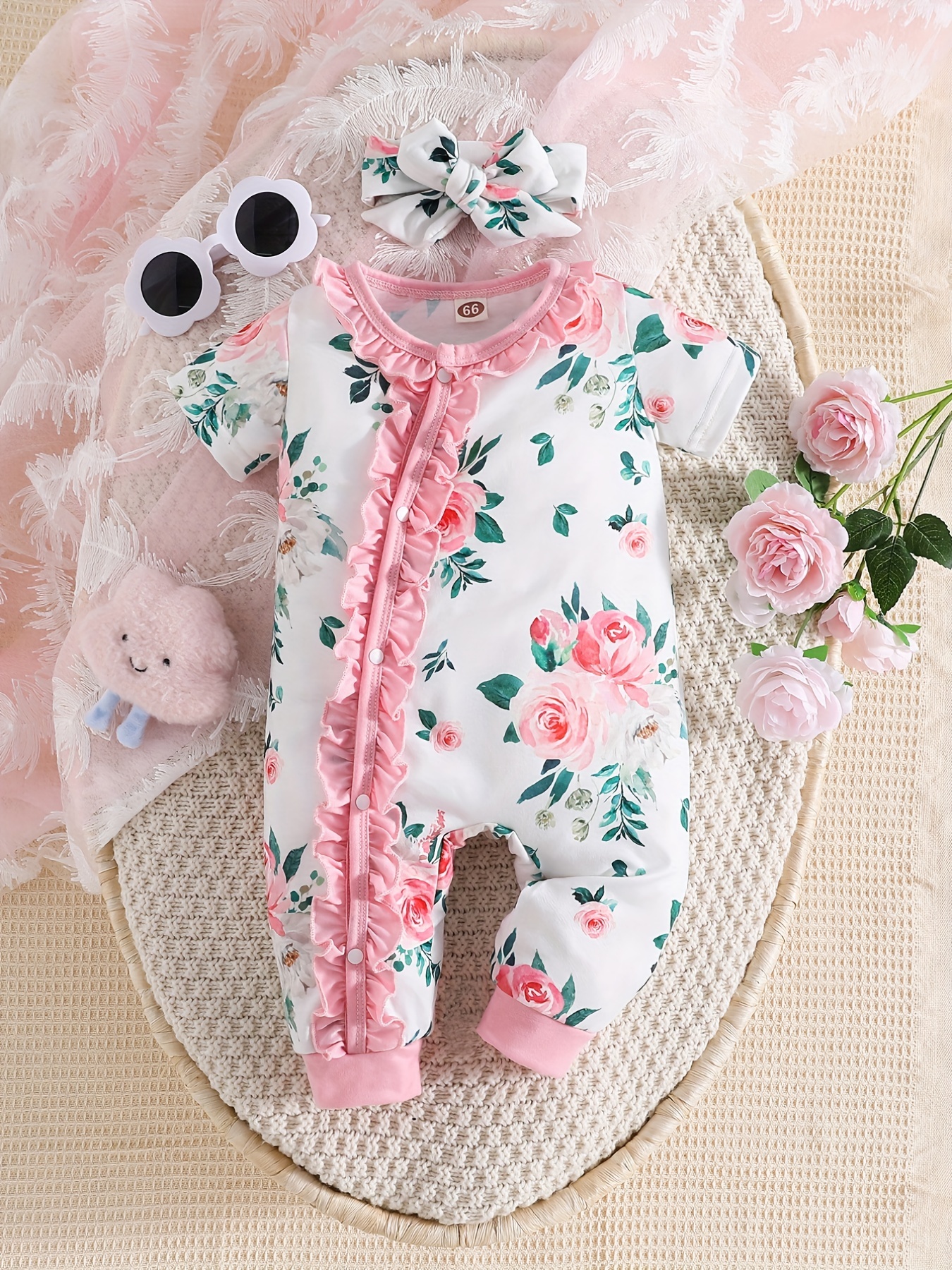 Vestiti per neonata Set per neonato neonato manica corta pagliaccetto estivo  fiori abito fiocco fascia Set