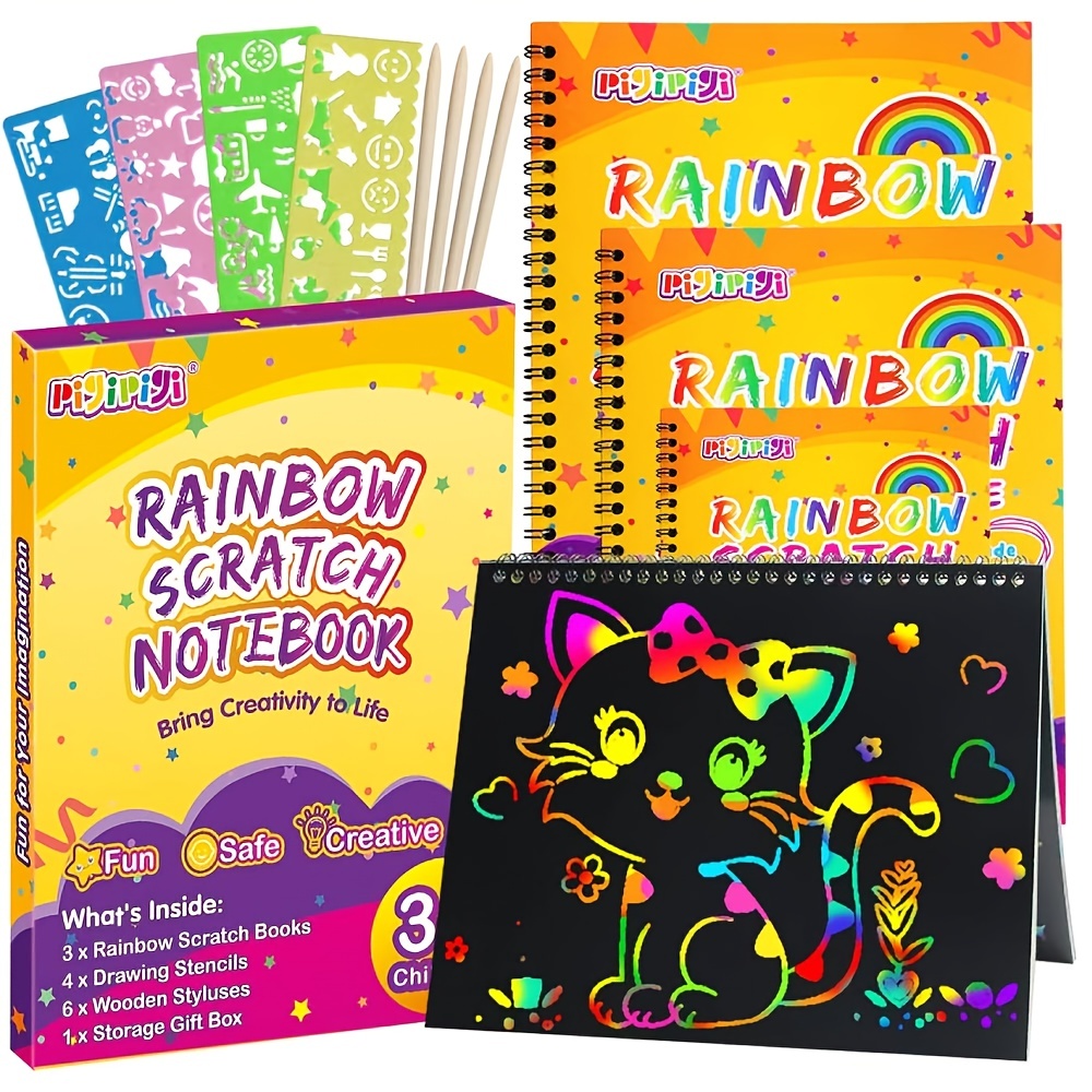  20 Pack Scratch Art Notebooks,Rainbow Scratch Paper Notes, Scratch Note Pads For Childrens Day Gift,Kids Arts And Crafts Perfect  Travel Activity,25 Wooden Stylus & 4 Drawing Stencils