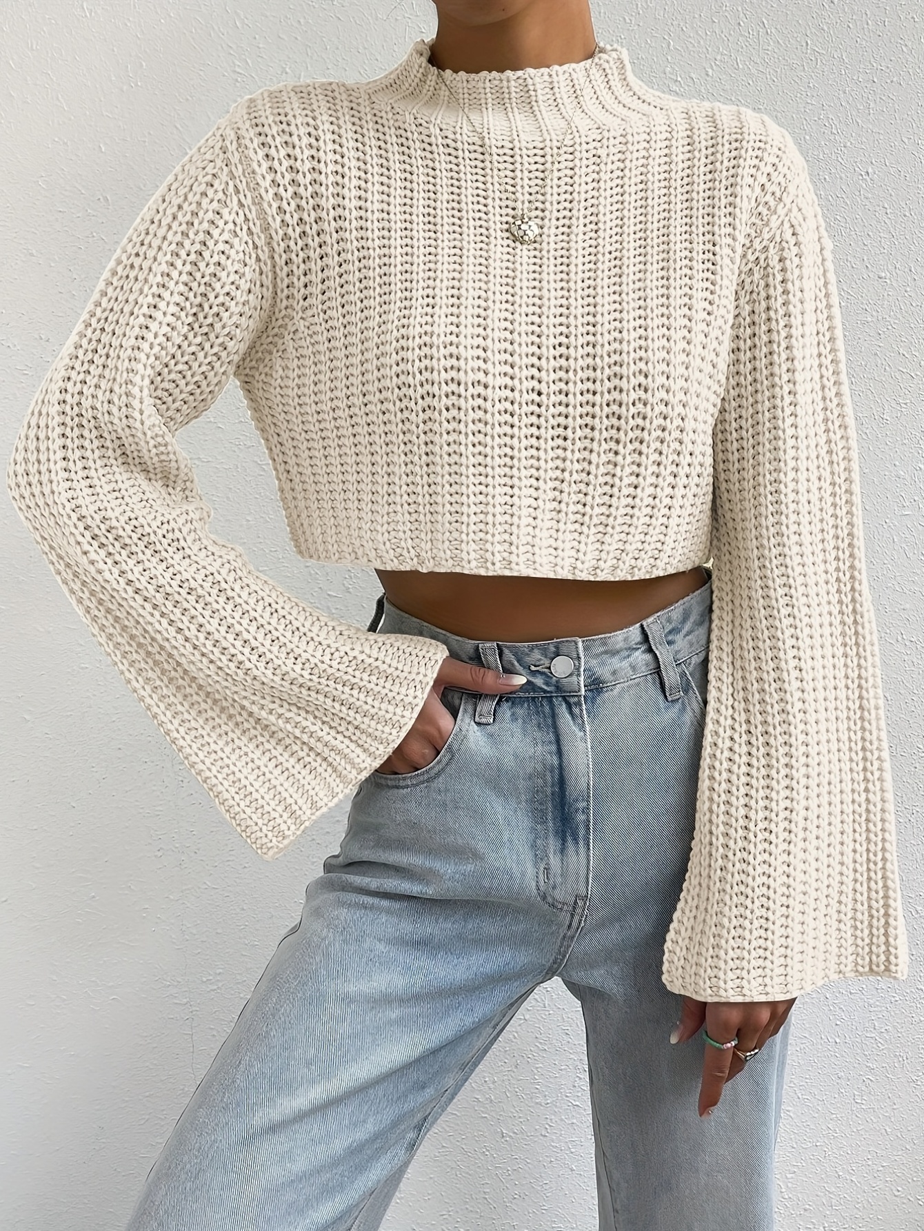 Solid crop fluffy knit sweater & pants set