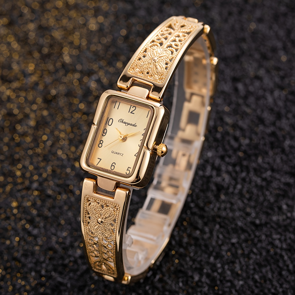 

Women's Luxury Rectangle Pointer Quartz Bracelet Watch Hollow Out Fashion Analog Stainless Steel Bangle Cuff Watch