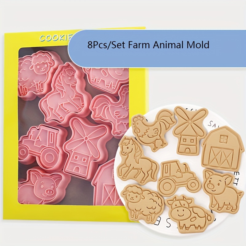 

8pcs/set Farm Animal Biscuit Mold Windmill Cow Pig Horse Chicken And Sheep Cookie Cutting Mold Sugar Flipping Baking And Pressing Mold