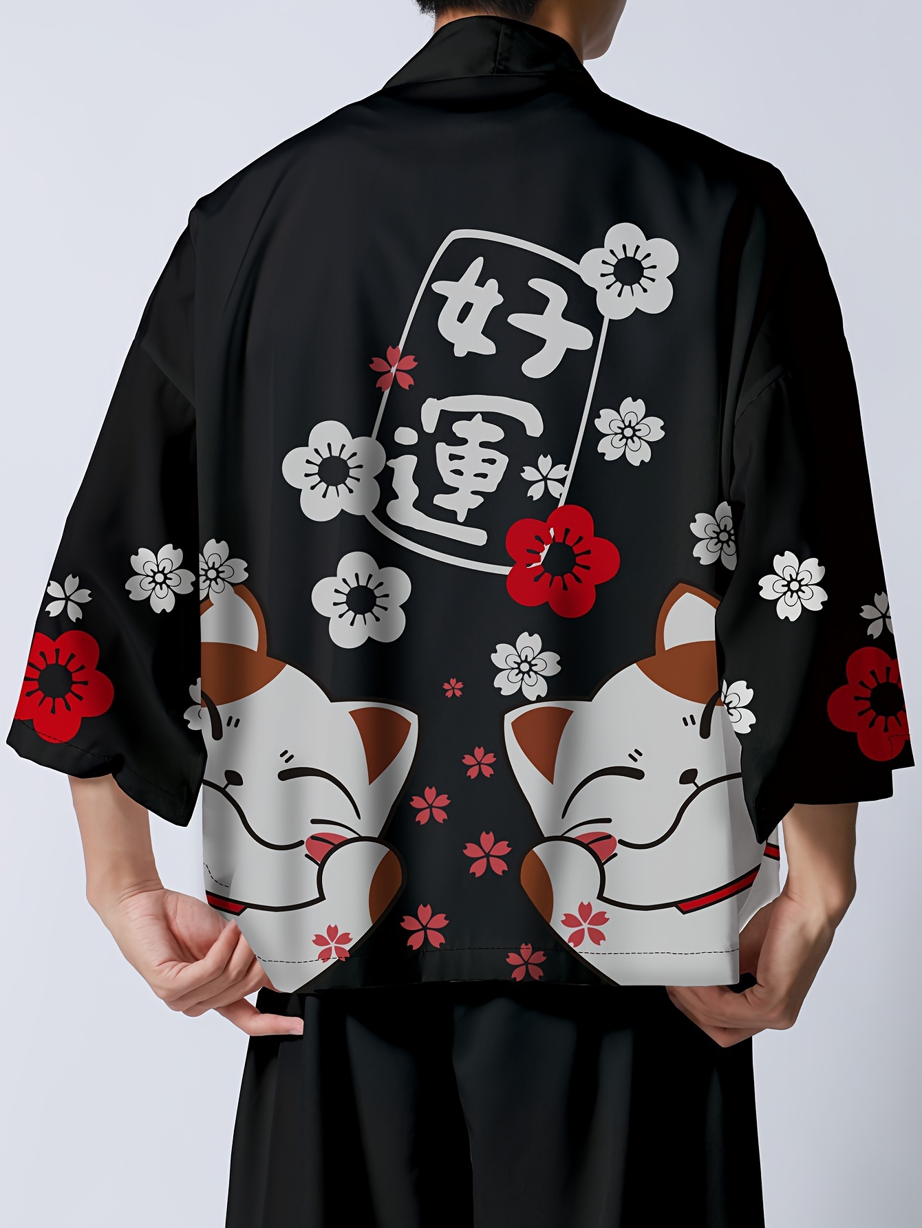 Anime Cartoon Cat Pattern Giacche Kimono Da Uomo Costume Giapponese Uomo  V-collo Manica Corta Aperto Frontale Casuale