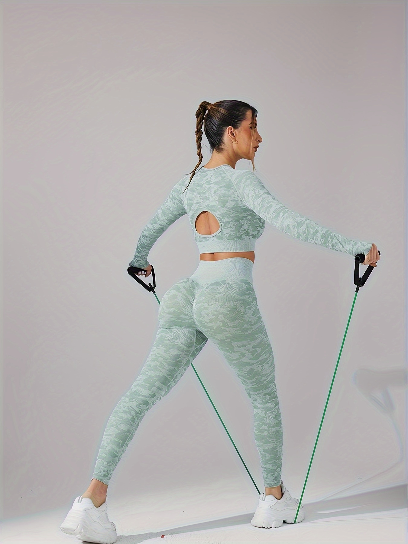 Slim Fit Yoga Sports Set Solid Long Sleeves Crop Tops High - Temu