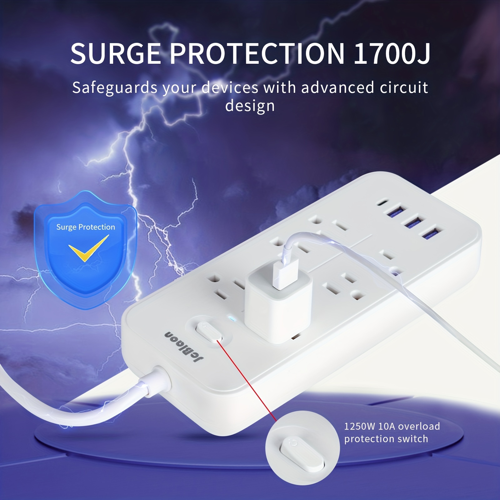  Power Strip Surge Protector - 6 Widely Outlets with 3