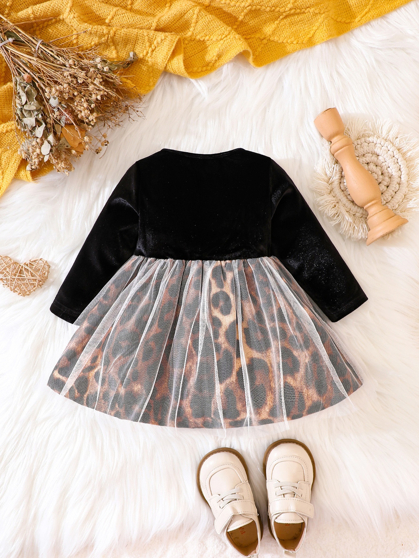 Baby Girl Bowknot Design Black Leopard Flutter-sleeve Mesh Dress