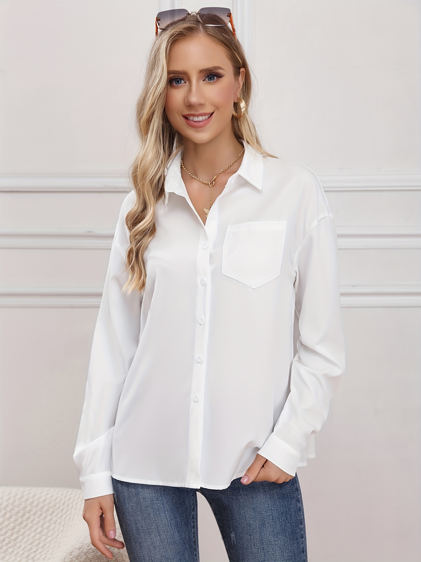 Camisa De Botones De Color S lido Camisa Casual De Manga Larga Para Primavera Y Oto o Ropa De Mujer