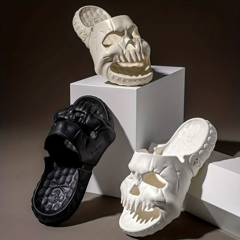 Women s Skull Design Flat Slippers Solid Color Open Toe Non