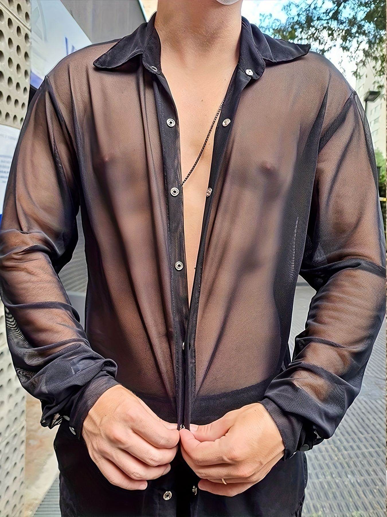 Fashion Men's Sexy See Through Shirts Mesh Sheer Transparent T
