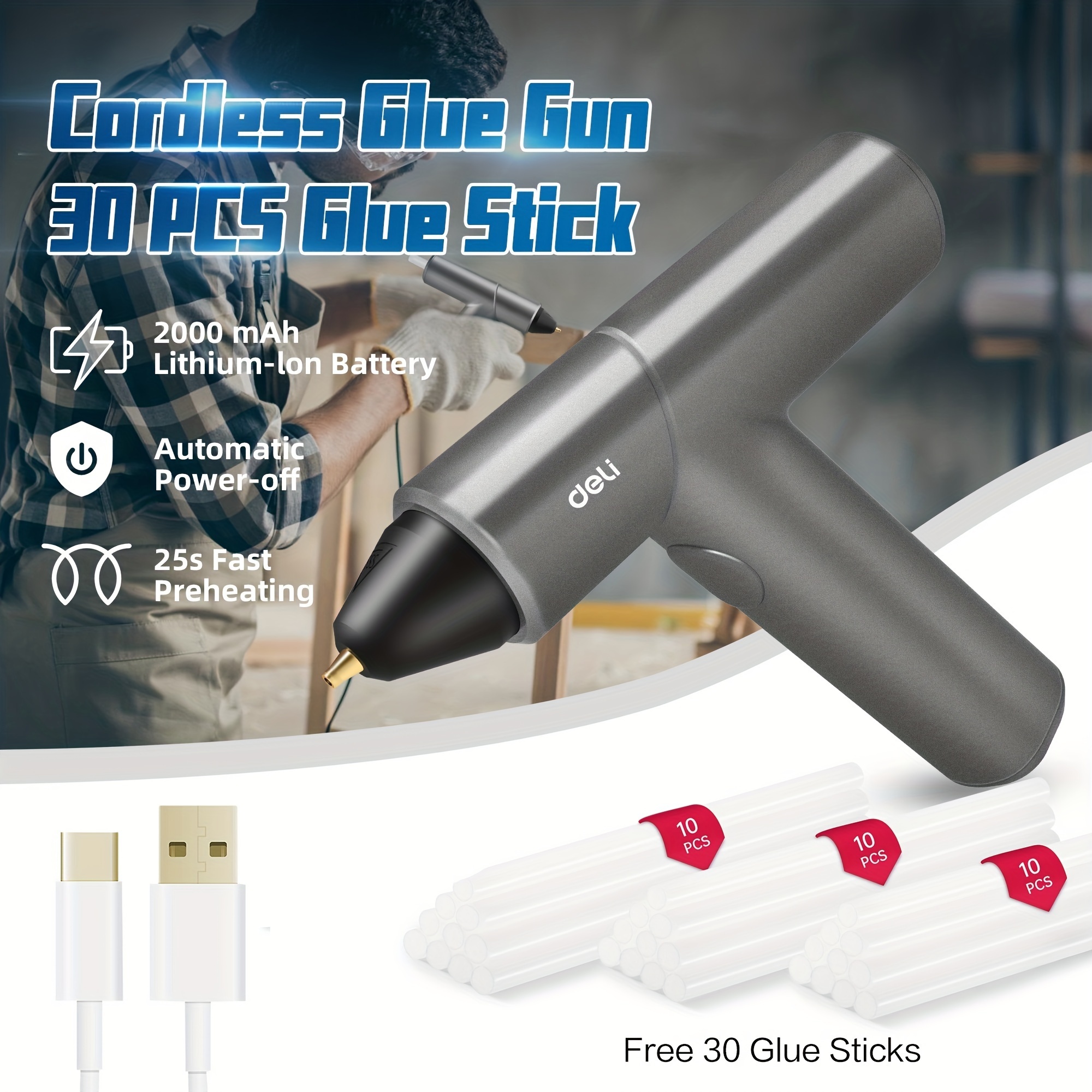 Deli Cordless Hot Glue Fast Preheating Glue Gun Kit with 30 Pcs