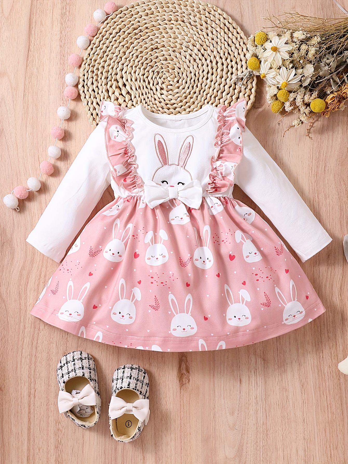 Toddler Kid Baby Girls Easter Dress Short Sleeve Easter Bunny Print Pink Dresses  Clothes 