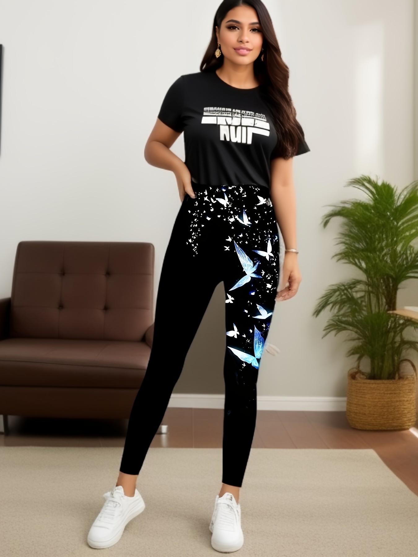 Plus Size Casual Leggings Women's Plus Butterfly Print - Temu