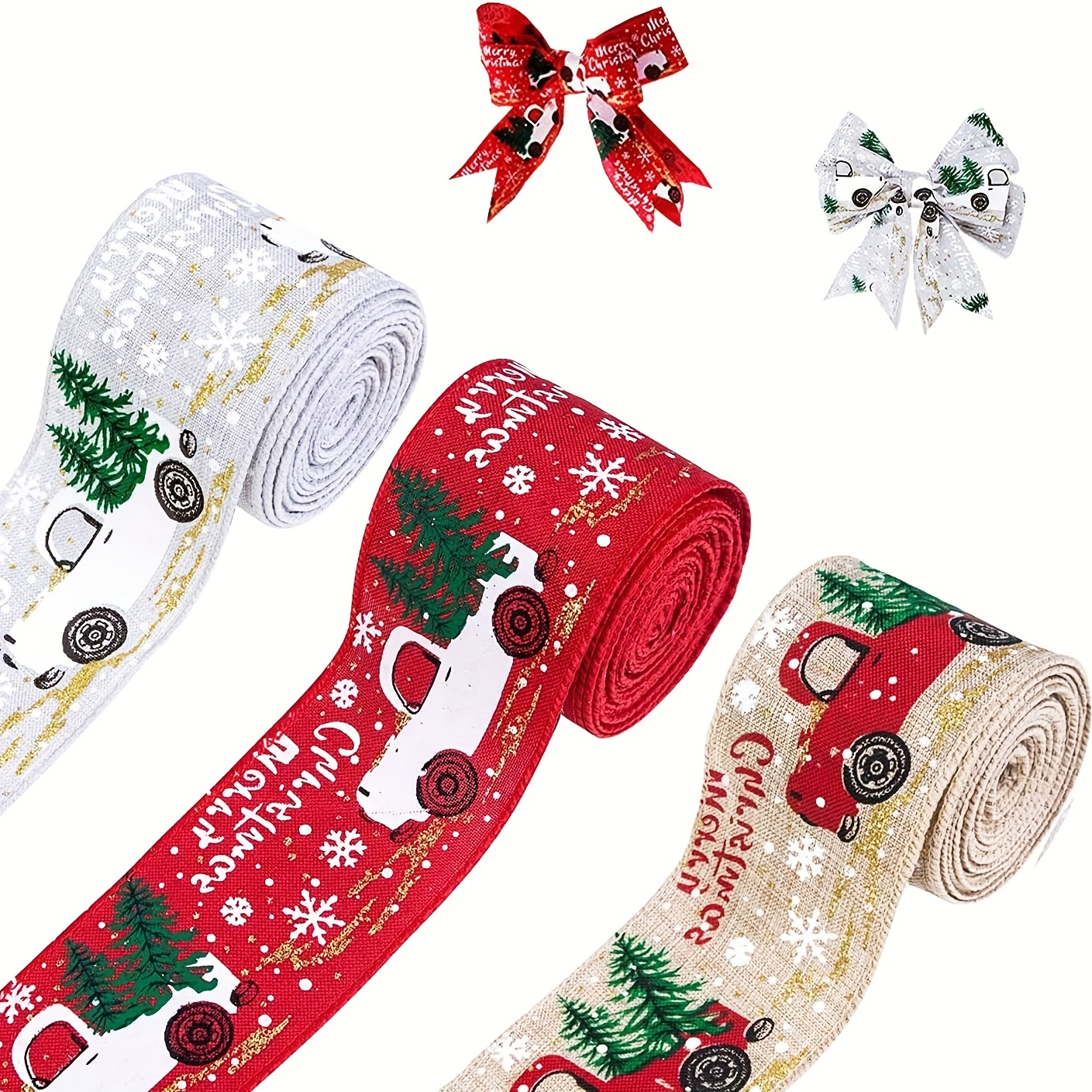 2 Rolls 2.5 Inch x 6 Yards Red and White Ribbon Christmas Wired Edge Ribbon  DIY Craft Ribbon for Christmas Tree Decorations Wreath Bows Wrapping