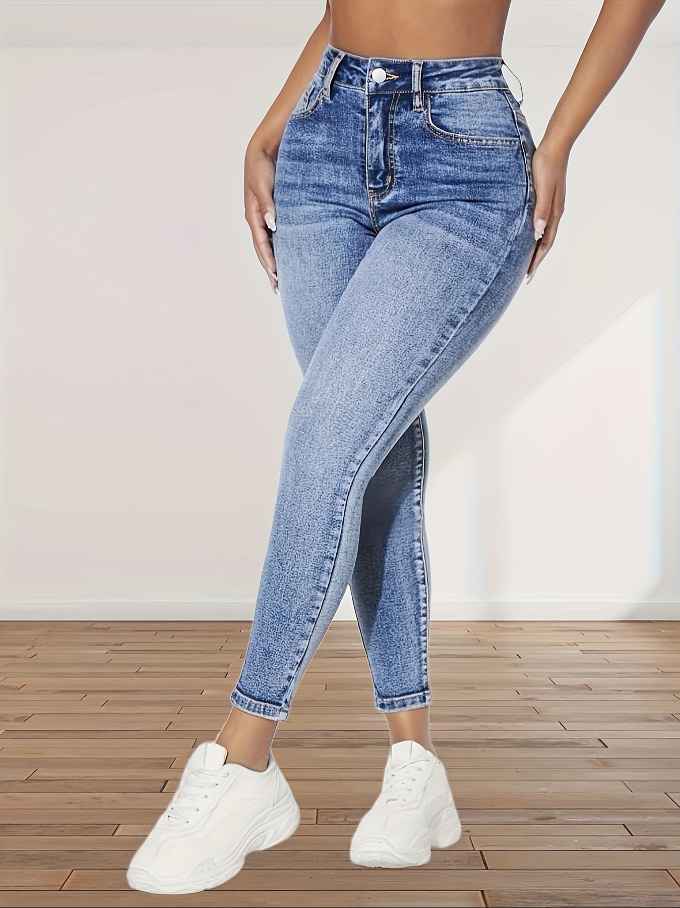 Slim Fit Washed Skinny Jeans High Stretch Slant Pockets - Temu Canada