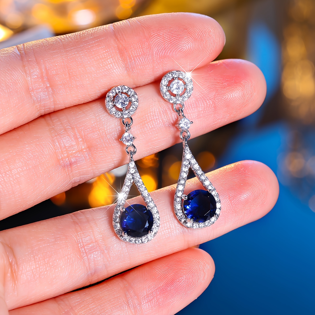 

Elegant Blue Teardrop Zirconia Dangle Earrings For Women - Luxurious Long Style With Sparkling Accents, Ideal For Parties, Birthdays, Engagements & Weddings, Cute Earrings