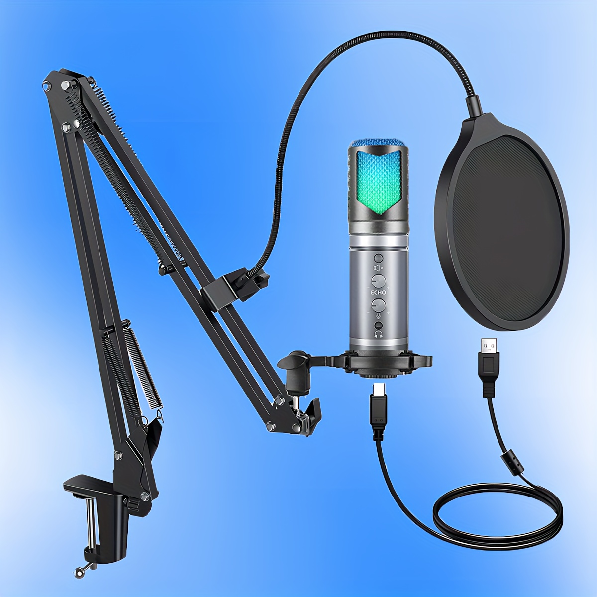 NJSJ Micrófono USB para PC, micrófono de juegos para PS4/PS5/Mac/teléfono,  micrófono de condensador con silencio táctil, iluminación RGB, perilla de