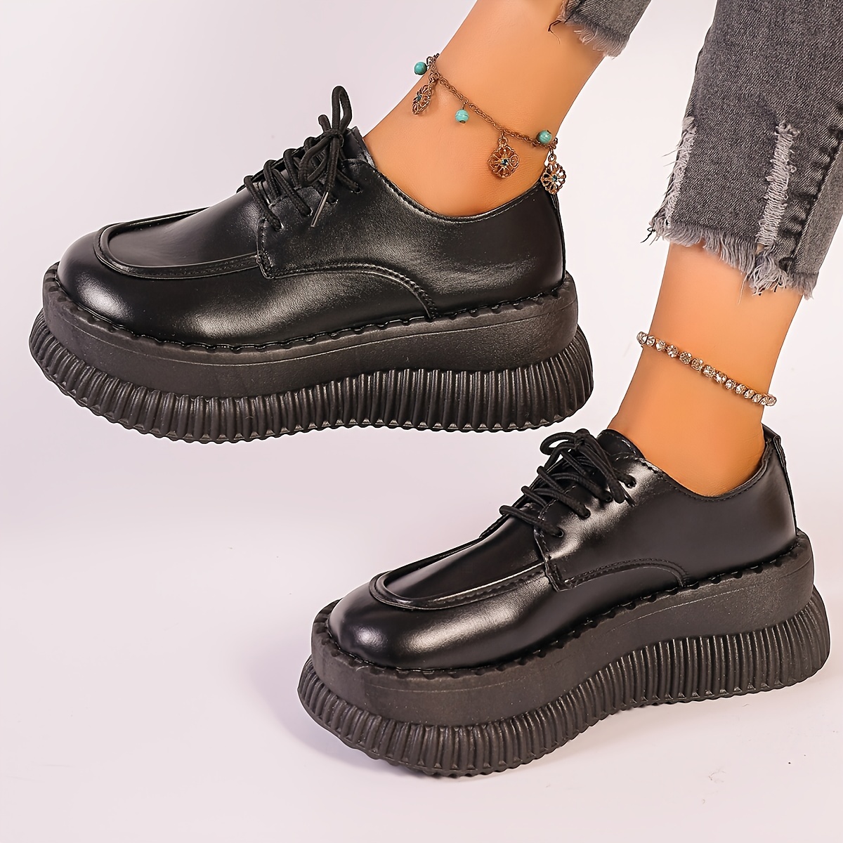 Metallic Lace Up Platform Creepers Shoes