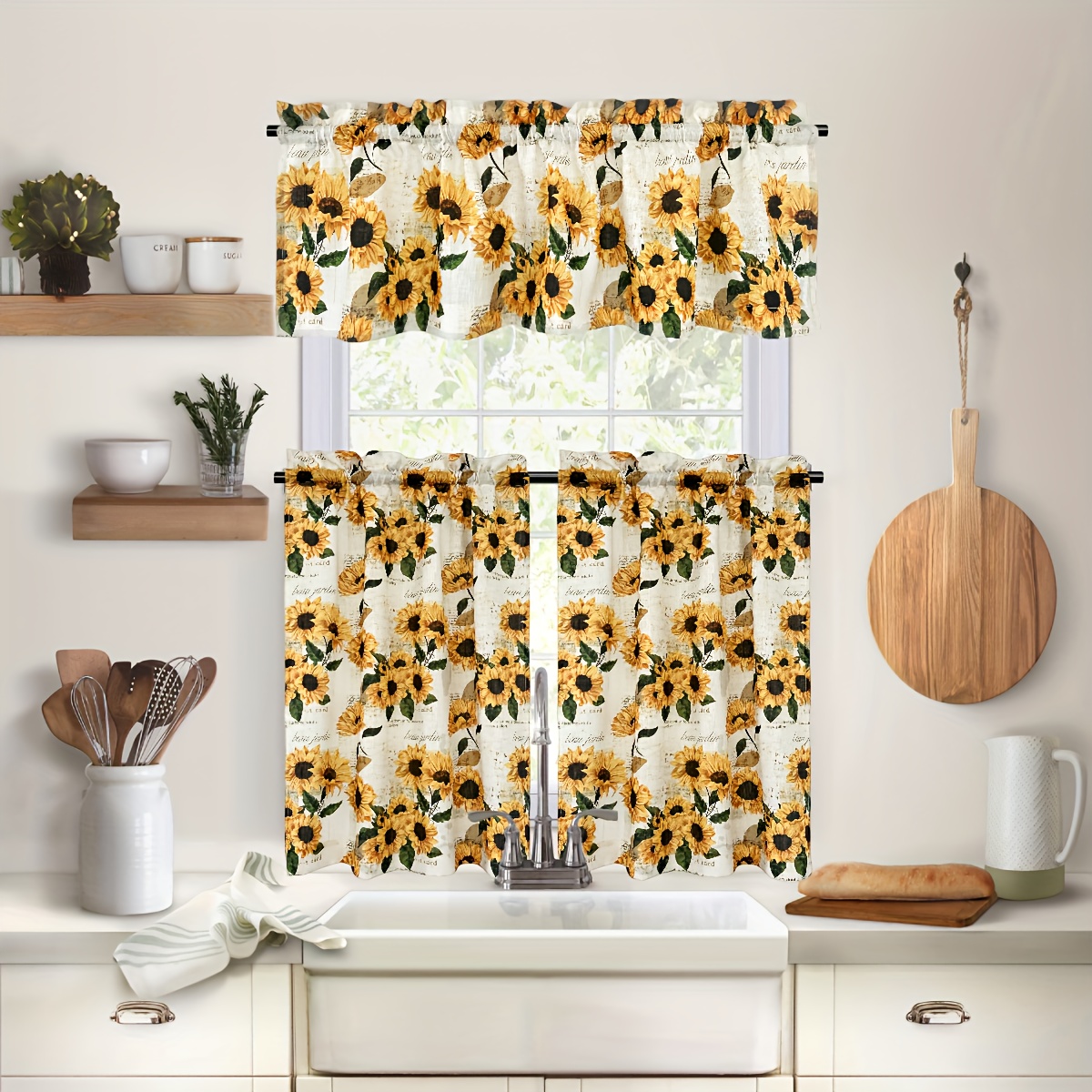 

3pcs/set Curtains 1pc Valance And 2pcs Cafe Curtain Sunflower Printed Curtains, Rod Pocket Curtains For Bedroom, Office, Kitchen, Living Room, Study Room Home Decor