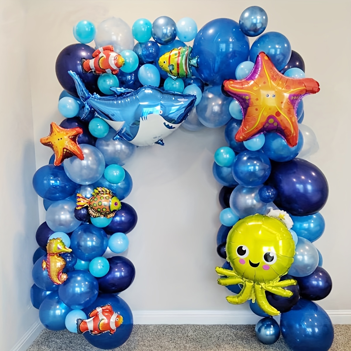 

Set/120pcs, Ocean Animal Balloons Arch Set, Midnight Blue Light Blue Metallic Blue Matching Different Ocean Animal Balloons For Birthday Party