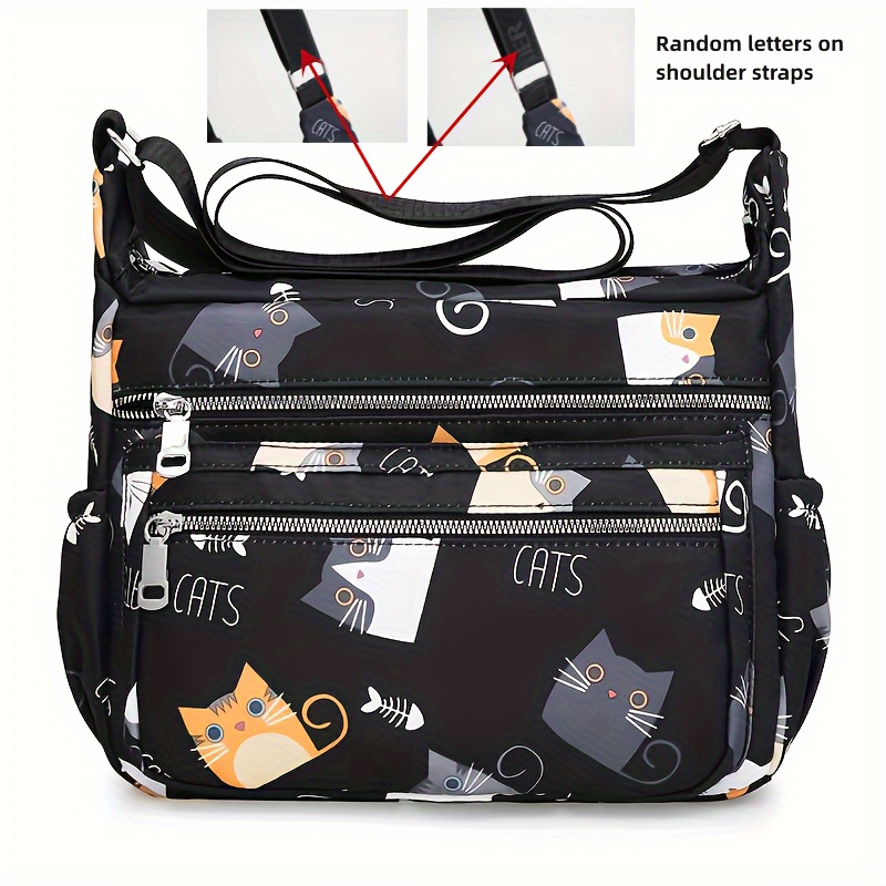 Textured Nylon Crossbody Bag With Zipper, Printed Soft Fabric Shoulder Bag For Women