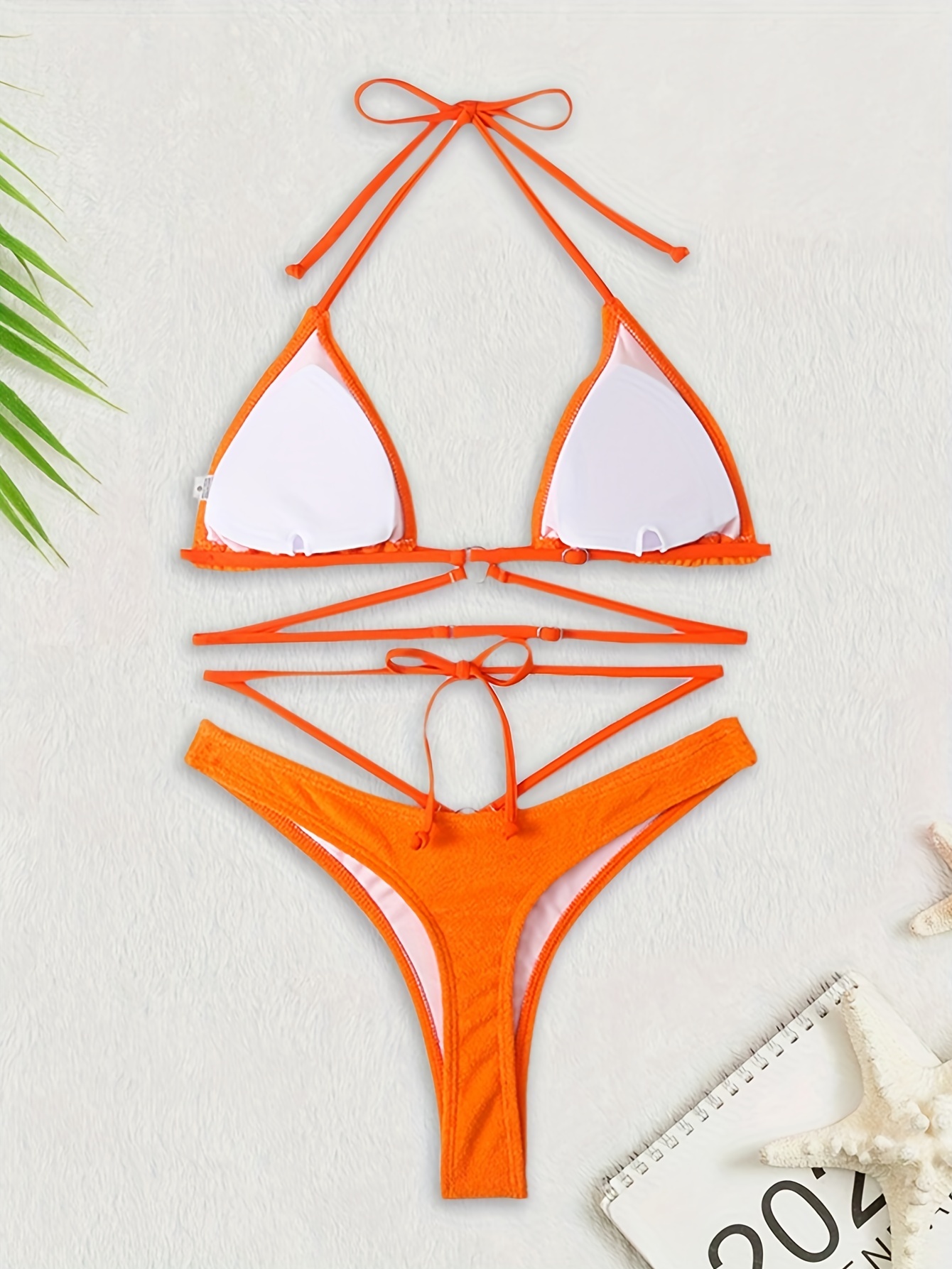 Halter Neck Bikini Sets Ring linked Triangle Solid Color Tie - Temu