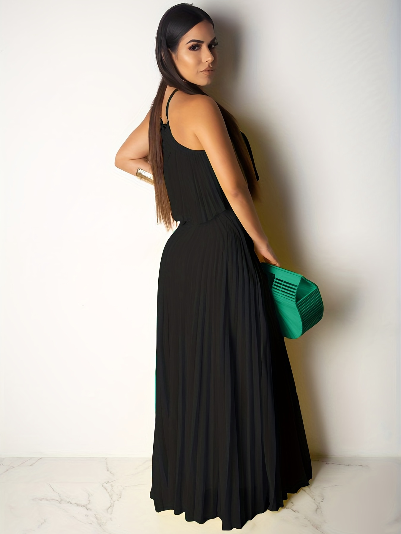 Pleated Two-Piece Set Spaghetti Top & Maxi Skirt Women's Outfit