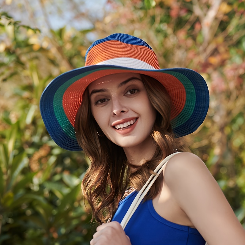 Elegant Splicing Stripe Straw Hats Sun Hat Wide Brim Sunshade Sun Hat  Seaside Beach Hat For Women Her Valentines Gifts