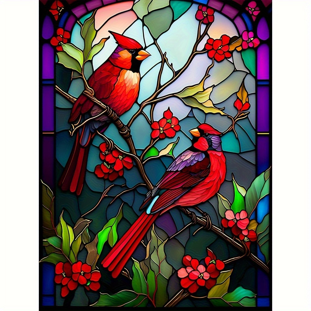 VUEDJRO Stained Glass Cardinals Diamond Painting Kits for Adults Cardinal  5D Diamond Art Painting with Full Round Diamonds Gem Art Painting Kit for
