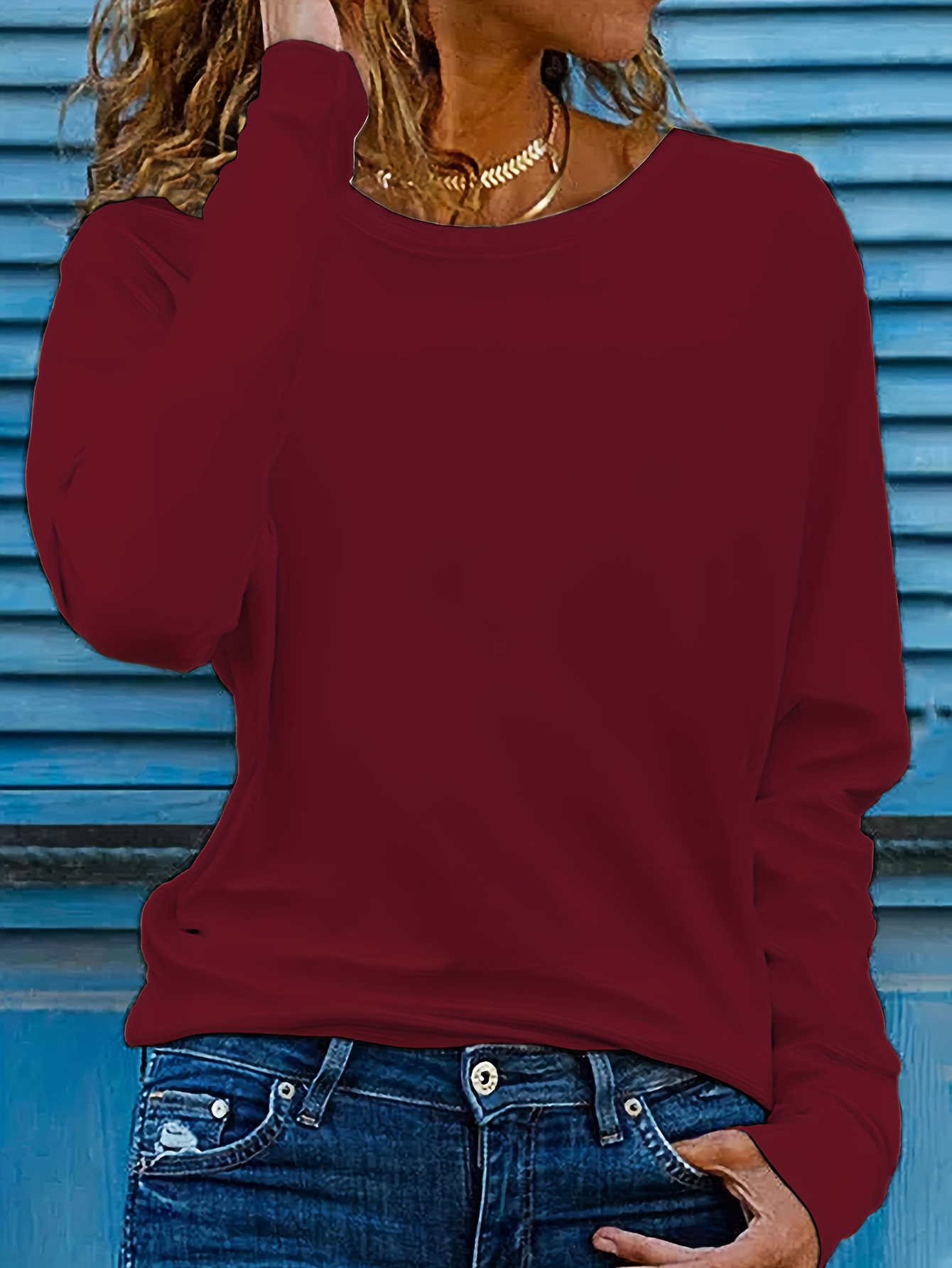 Solid Crew Neck T-Shirt, Casual Long Sleeve Top For Spring & Fall, Women's Clothing