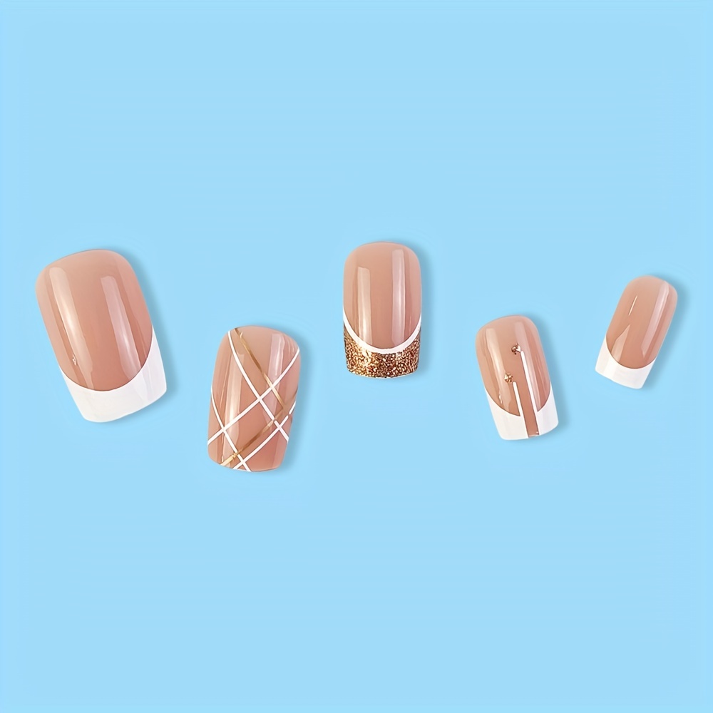 24pcs Glitter Press On Nails with Line + Nail File & Glue