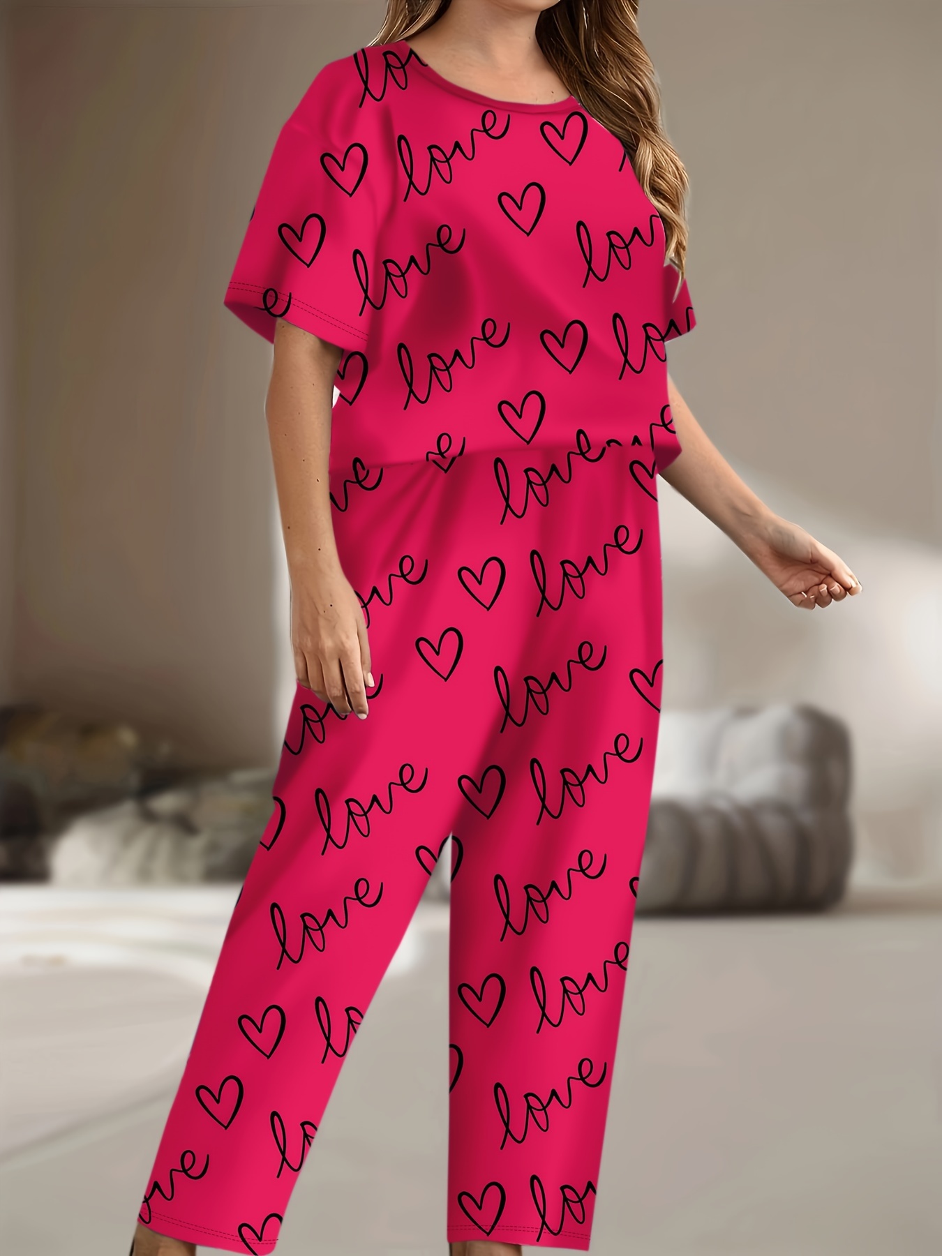 Plus Size Sexy Pajamas Set Women's Plus Heart Letter Print - Temu