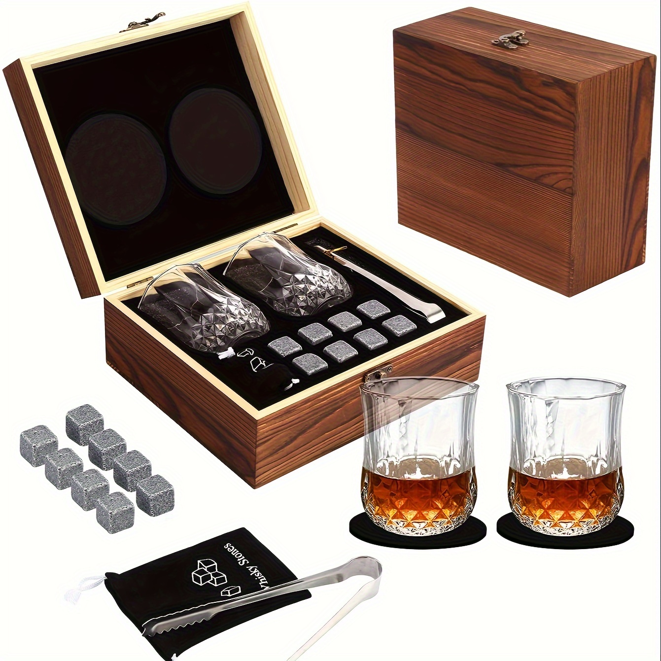 Whiskey Glass Set Stones Rocks Gift with 8 Stainless Steel Ice Cubes 9 oz