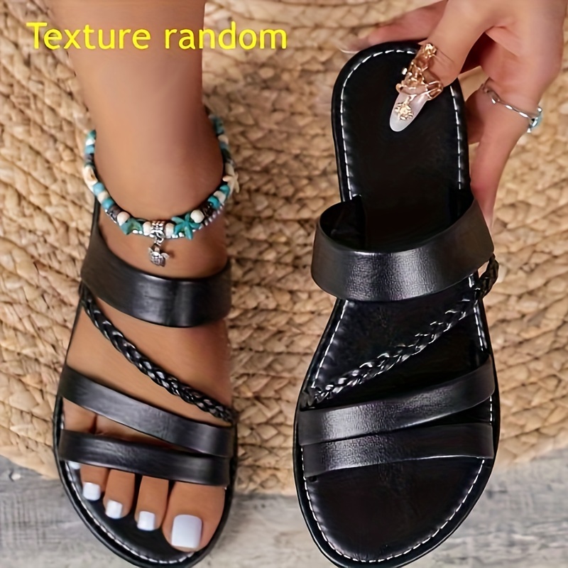 

Sandales plates tressées pour femmes, en simili cuir avec bout ouvert, antidérapantes, idéales pour la plage et les vacances