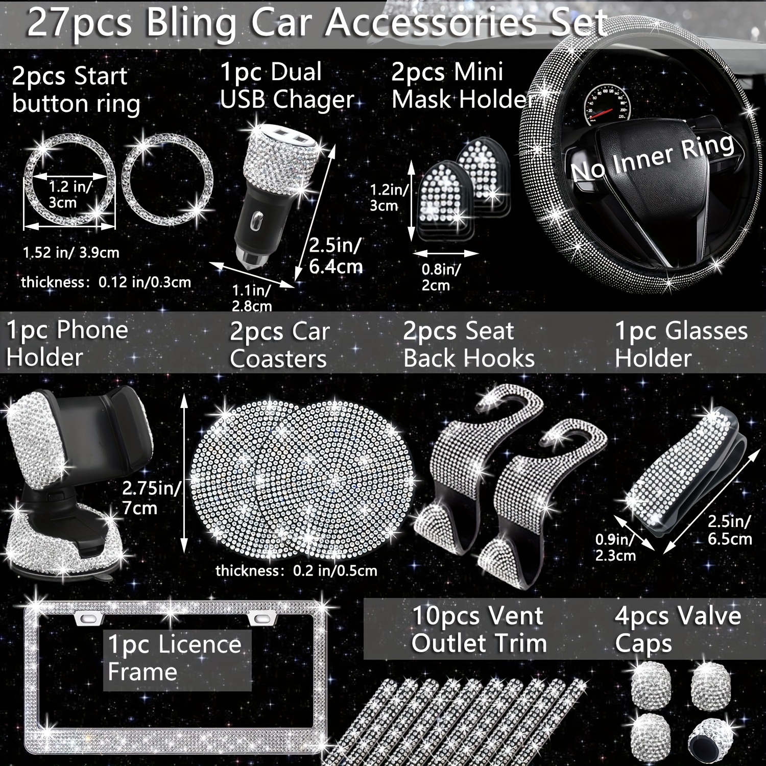 5 Pack Bling Car Accessories Set, Bling Steering Wheel Cover for Women  Universal Fit 15 Inch, Bling License Plate Frame for Women, Bling Dual USB  Car
